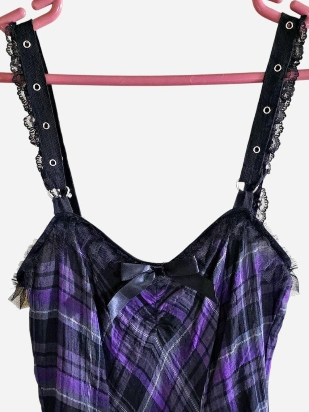 RARE Vintage Lip Service Purple Plaid Ruffle Dress w/Lace Trim & Tuelle, Pockets - Picture 7 of 14